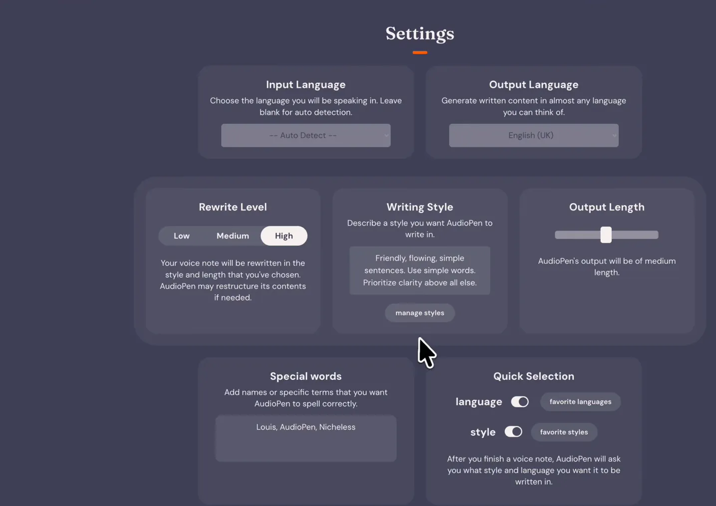 AudioPen settings: input language on auto-detect, output language selector, rewrite level and a custom writing style