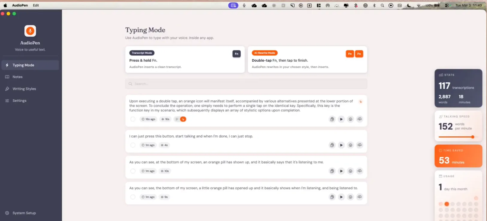 AudioPen for Mac in Typing Mode, showing press-and-hold transcript mode, AI-rewrite mode and a stats panel with words-per-minute
