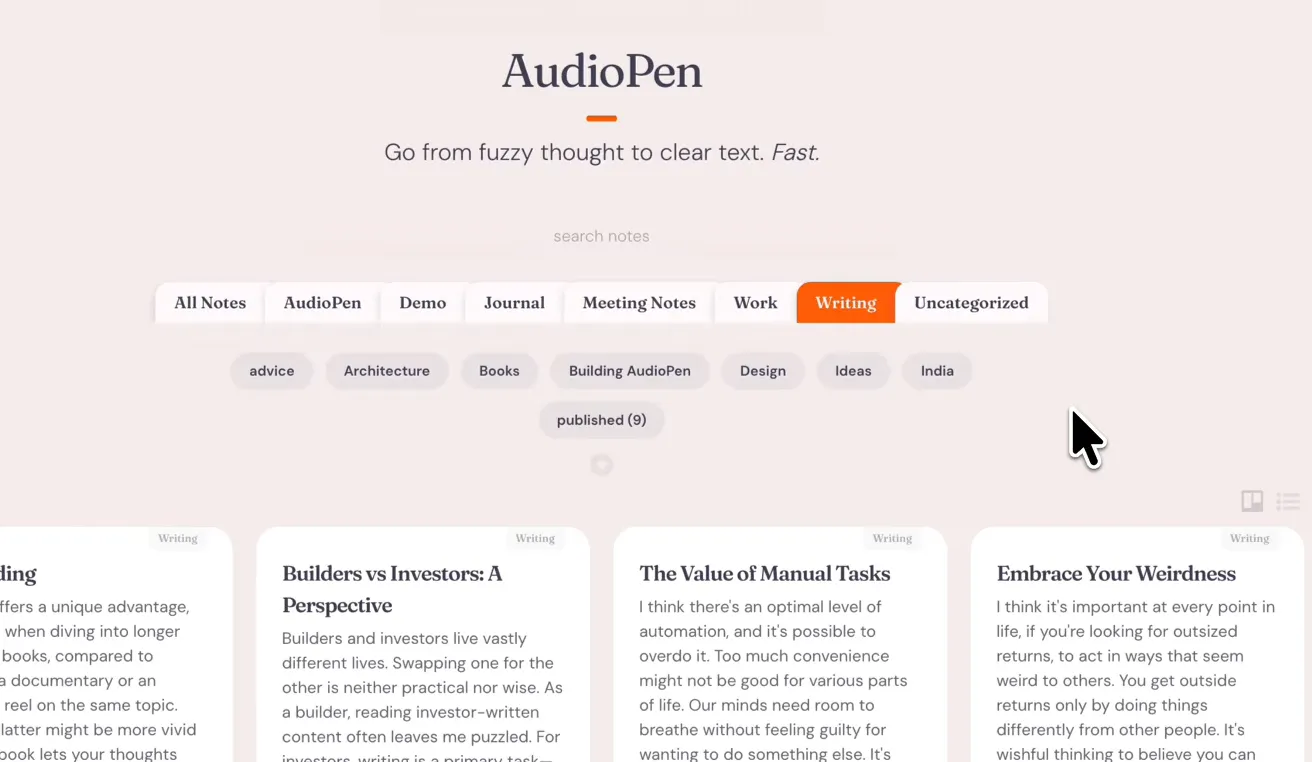 The AudioPen note library — what your pinned Windows app window looks like once notes accumulate