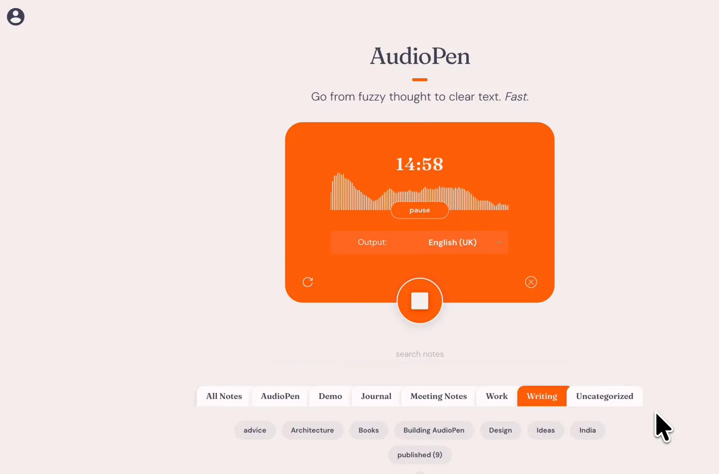 The AudioPen recording screen in the web app: live waveform, pause control and output language set to English (UK)